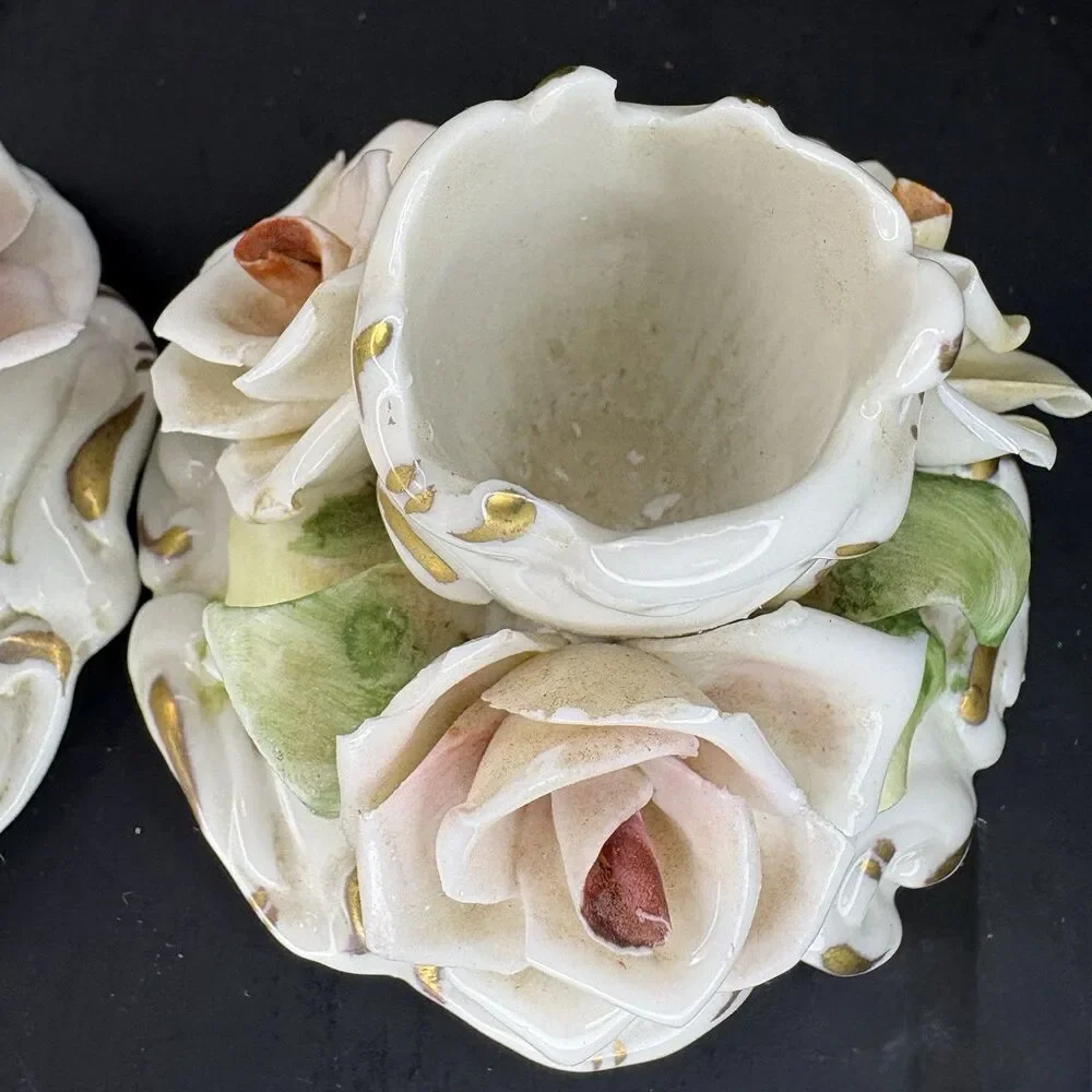 Antique Capodimonte Candle Holders Italian Applied Floral 3